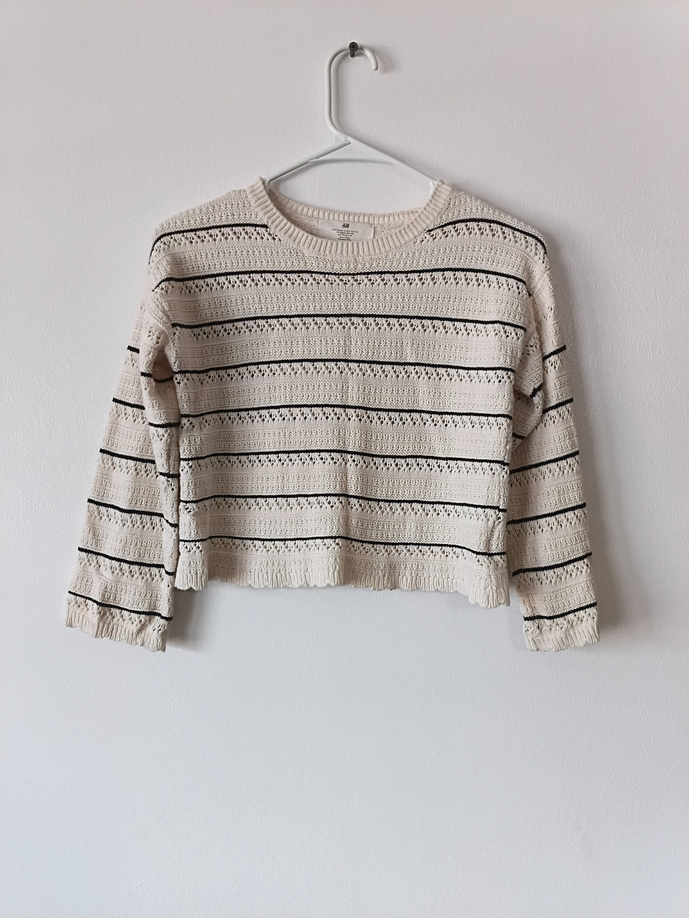H&M Kids Girls Pointelle-Knit Cotton Cream Striped Cropped Sweater Sz. 6X/7